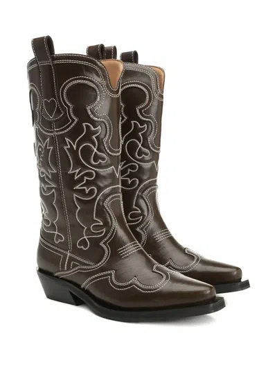 Ganni Mid Shaft Embroidered Western Boot Oleatex Boots Black In Multi