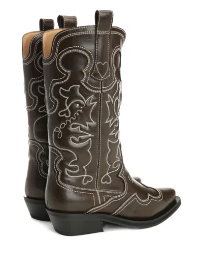Ganni Mid Shaft Embroidered Western Boot Oleatex Boots Black In Multi