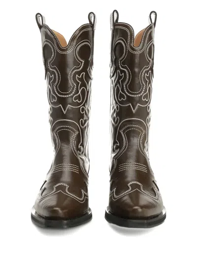 Ganni Mid Shaft Embroidered Western Boot Oleatex Boots Black In Multi