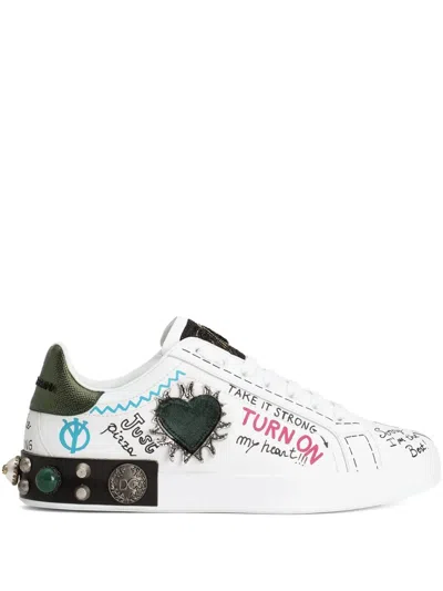 Dolce & Gabbana Portofino Graffiti Sneakers In White