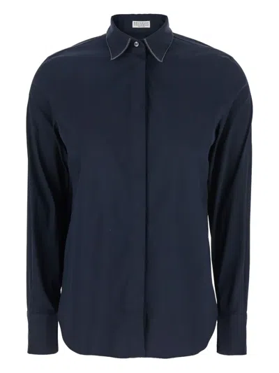 Brunello Cucinelli Blue Shirt With Pointed Collar And Monil Detail On The Collar In Blue