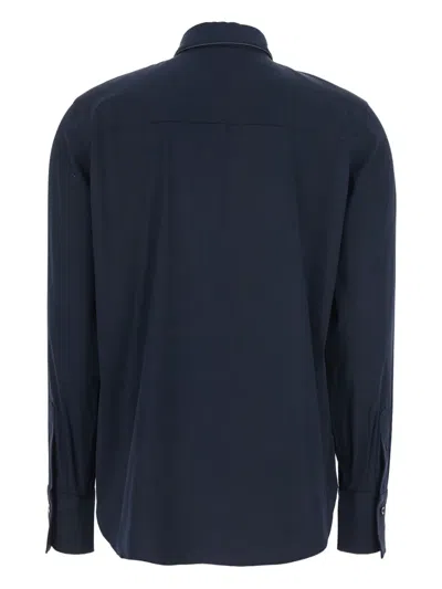 Brunello Cucinelli Blue Shirt With Pointed Collar And Monil Detail On The Collar In Blue