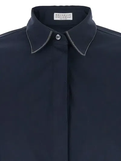 Brunello Cucinelli Blue Shirt With Pointed Collar And Monil Detail On The Collar In Blue