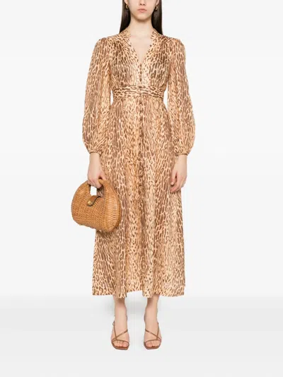 Zimmermann Cascadian Leopard Print Long Sleeve Linen Midi Dress In Brown
