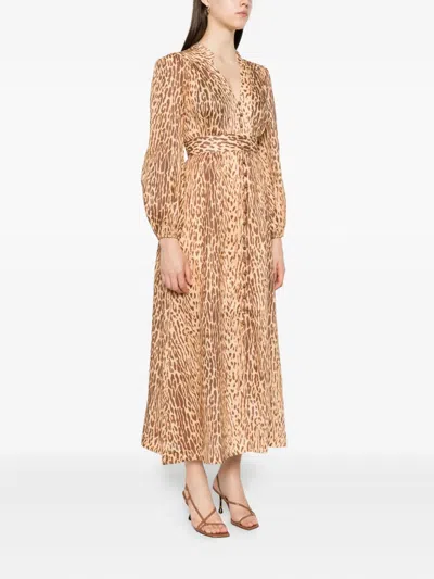 Zimmermann Cascadian Leopard Print Long Sleeve Linen Midi Dress In Brown