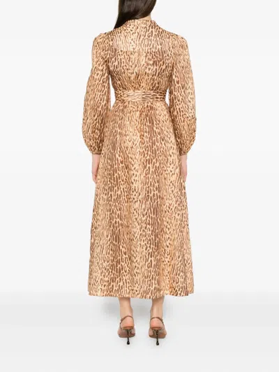 Zimmermann Cascadian Leopard Print Long Sleeve Linen Midi Dress In Brown
