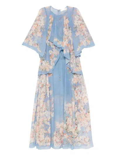 Zimmermann Womens Teal Blue Botanical Cascadian Flared-panels Cotton And Silk Maxi Dress Xl In Blue
