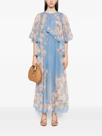 Zimmermann Womens Teal Blue Botanical Cascadian Flared-panels Cotton And Silk Maxi Dress Xl In Blue