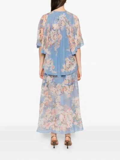 Zimmermann Womens Teal Blue Botanical Cascadian Flared-panels Cotton And Silk Maxi Dress Xl In Blue