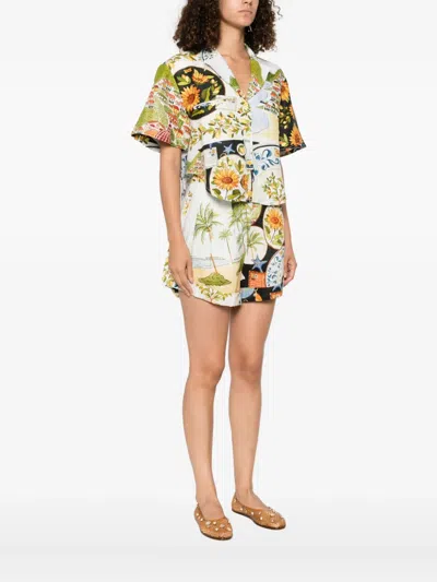 Farm Rio Latin Trip Scarves Crop Linen Button-up Shirt In Multi
