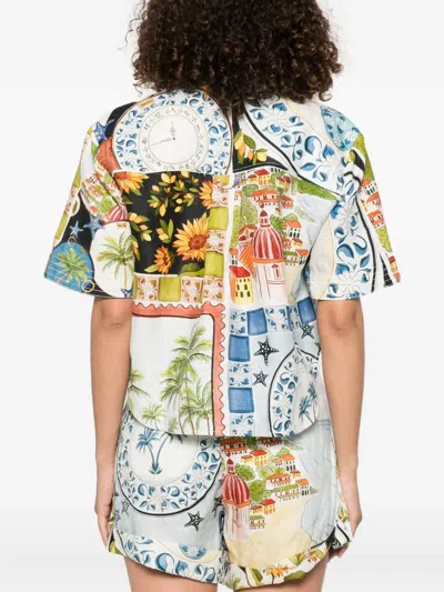 Farm Rio Latin Trip Scarves Crop Linen Button-up Shirt In Multi