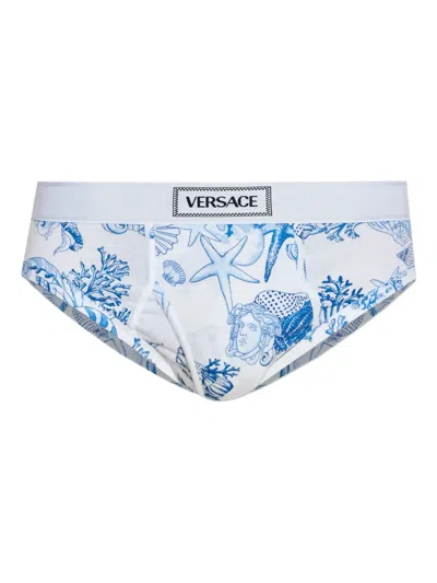 Versace Seashell-print Briefs In Blue