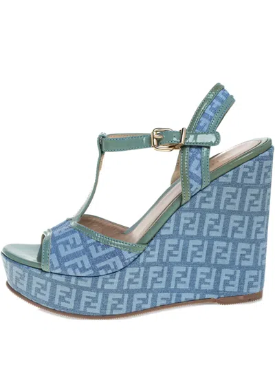 Pre-owned Fendi 75mm Platform Wedge Sandals In Blue
