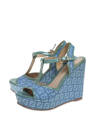 Pre-owned Fendi 75mm Platform Wedge Sandals In Blue