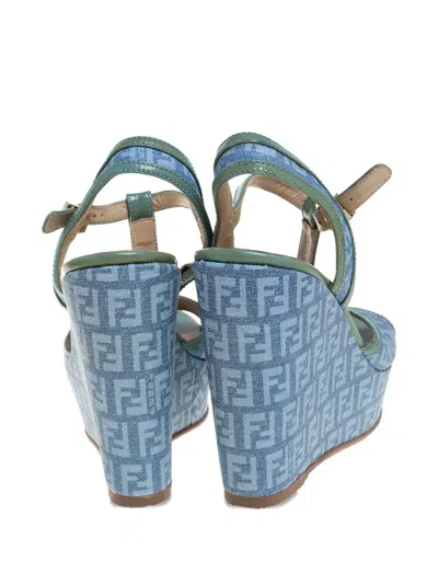 Pre-owned Fendi 75mm Platform Wedge Sandals In Blue
