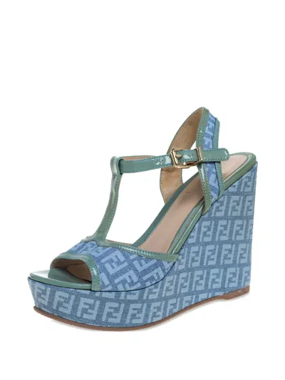 Pre-owned Fendi 75mm Platform Wedge Sandals In Blue
