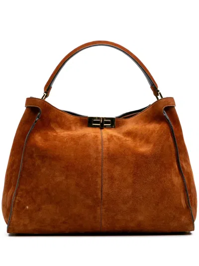 Pre-owned Fendi 2016-2025 Large Suede Peekaboo X-lite Tote Bag In Brown