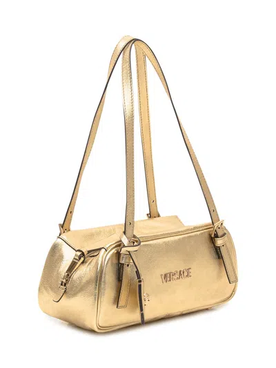Versace Tag Bowling Metallic Leather Shoulder Bag In Gold