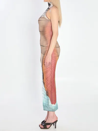 Jean Paul Gaultier Fire Printed Mesh Sleeveless Midi Dress In Multi