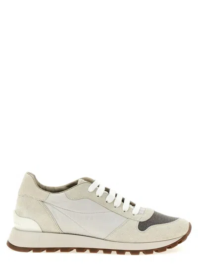 Brunello Cucinelli Bead-embellished Nylon And Suede Sneakers In Neutral