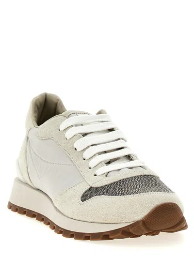 Brunello Cucinelli Bead-embellished Nylon And Suede Sneakers In Neutral