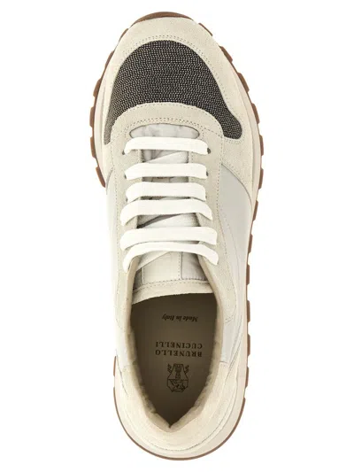 Brunello Cucinelli Bead-embellished Nylon And Suede Sneakers In Neutral