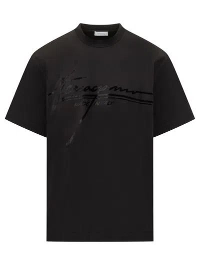 Ferragamo Crew Neck Graphic Print Short Sleeves T-shirt In Black