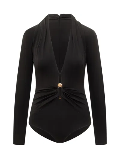 Versace Deep V Neck Pin Draped Bodysuit
