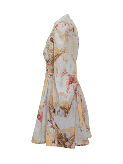 Zimmermann Ascension Light Blue Mini Dress With Flared Skirt And All-over Print In Linen Woman