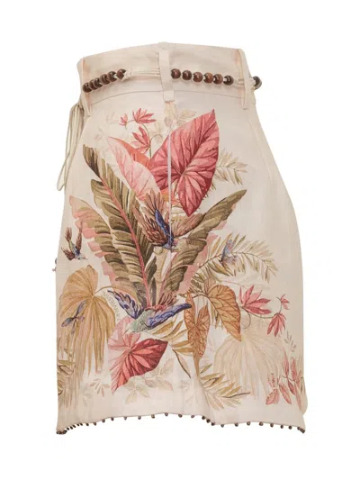 Zimmermann Ascension Belted Bead-embellished Floral-print Linen Shorts