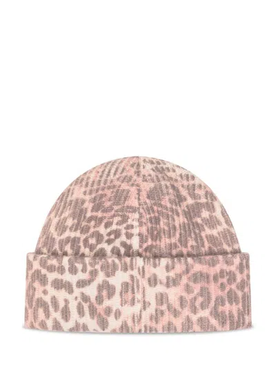 Ganni Women Wool Hat With Leopard Pattern In Animal Print