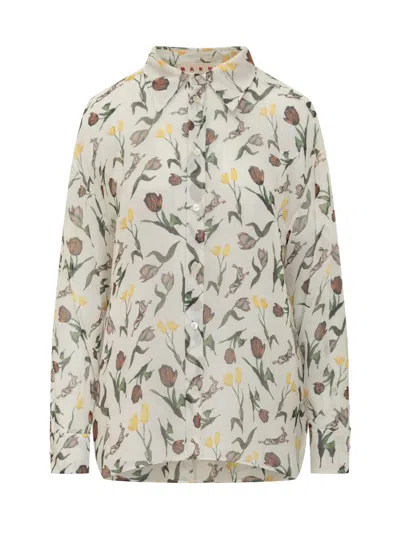 Marni Tulips & Hares Sheer Chiffon Button-up Shirt In Neutral