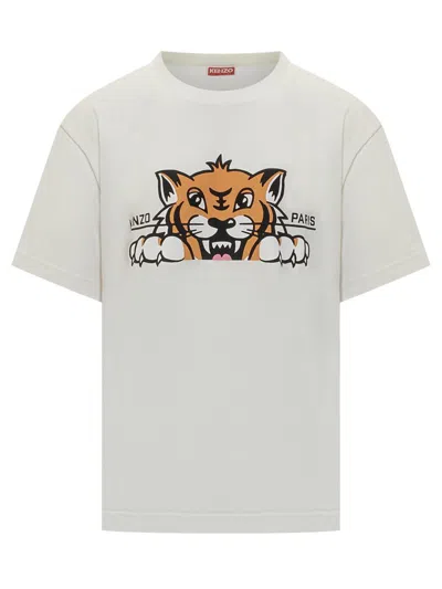 Kenzo 'gots Happy Tiger' White Crewneck T-shirt With Maxi Logo Embroidery On The Front And Logo Lettering In White