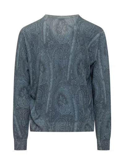 Etro Silk Blend Crew Neck Sweater With Paisley Embroidery In Blue