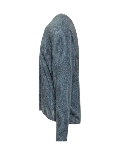 Etro Silk Blend Crew Neck Sweater With Paisley Embroidery In Blue