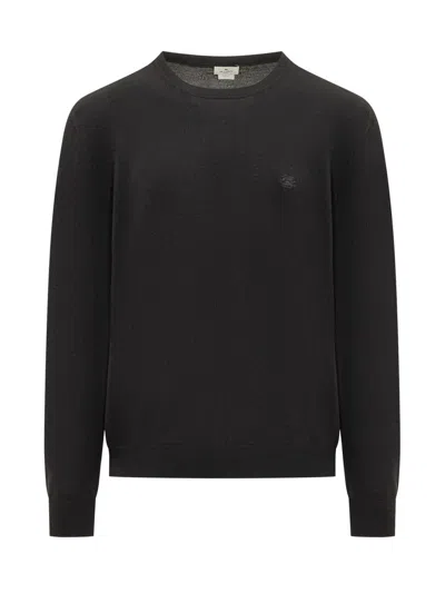Etro Wool Sweater With Embroidered Monogram In Black