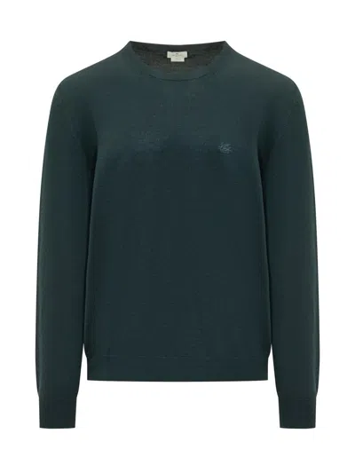 Etro Wool Sweater With Embroidered Monogram In Green