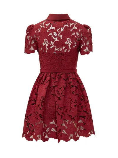 Self-portrait Womens Embroidered Collared Lace Mini Dress Burgundy In Red