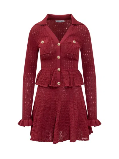 Self-portrait Self Portrait Women Burgundy Pointelle Knit Long-sleeved Mini Dress In Red