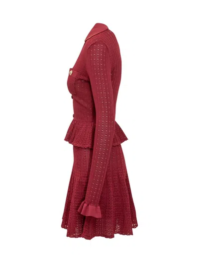 Self-portrait Self Portrait Women Burgundy Pointelle Knit Long-sleeved Mini Dress In Red