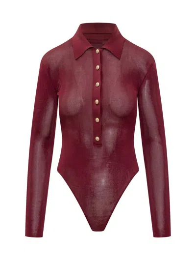 Self-portrait Self Portrait Women Burgundy Viscose Knit Long-sleeved Bodysuit In Burgundy