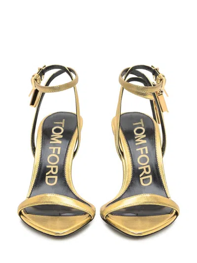 Tom Ford Gold Padlock Pointy Naked Heeled Sandals In Gold