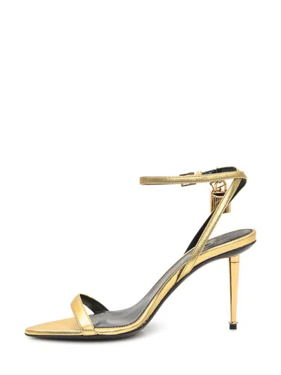Tom Ford Gold Padlock Pointy Naked Heeled Sandals In Gold