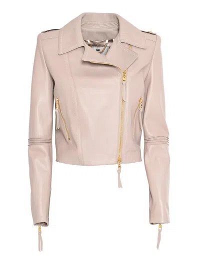 Elisabetta Franchi Leather Jacket With Stitched Profiles In Pink