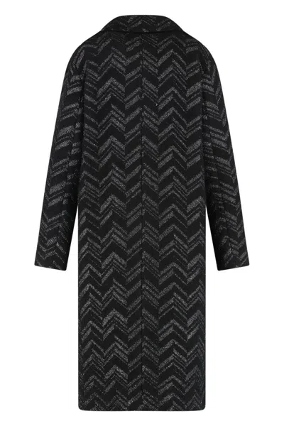 Missoni Chevron Pattern Wool Blend Coat With Long Sleeves In Black