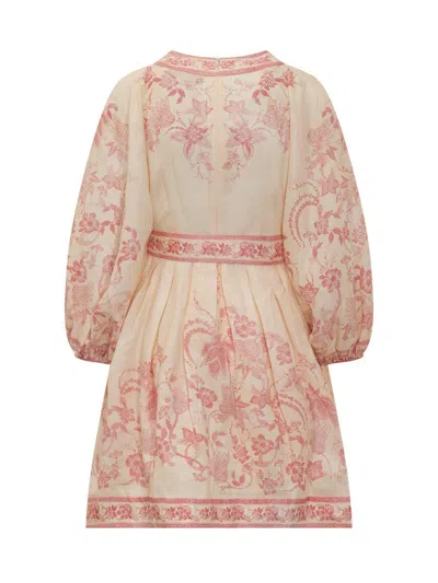 Zimmermann Lucky Pink Mini Dress With V Neck And All-over Floral Print In Linen Woman
