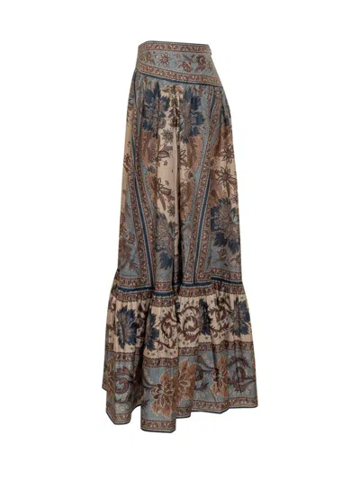 Zimmermann Womens Blue Cream Indienne Ascension Tiered Silk Midi Skirt Xs