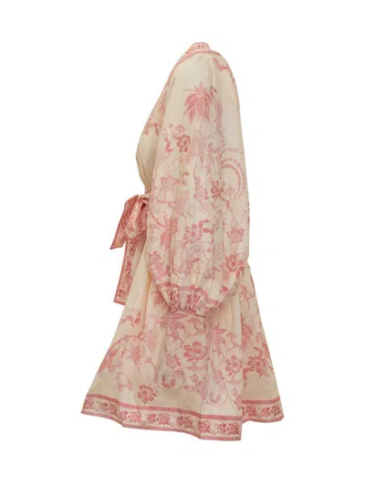 Zimmermann Lucky Pink Mini Dress With V Neck And All-over Floral Print In Linen Woman