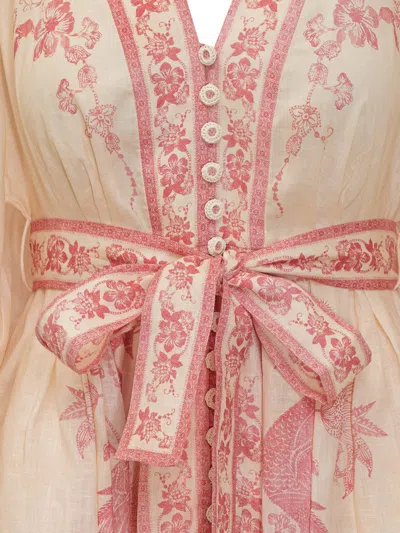 Zimmermann Lucky Pink Mini Dress With V Neck And All-over Floral Print In Linen Woman