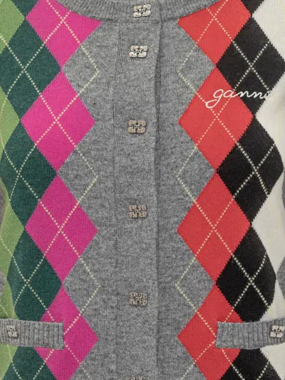 Ganni Womens Paloma Melange Rhombus-print Round-neck Wool And Cashmere Cardigan In Gray